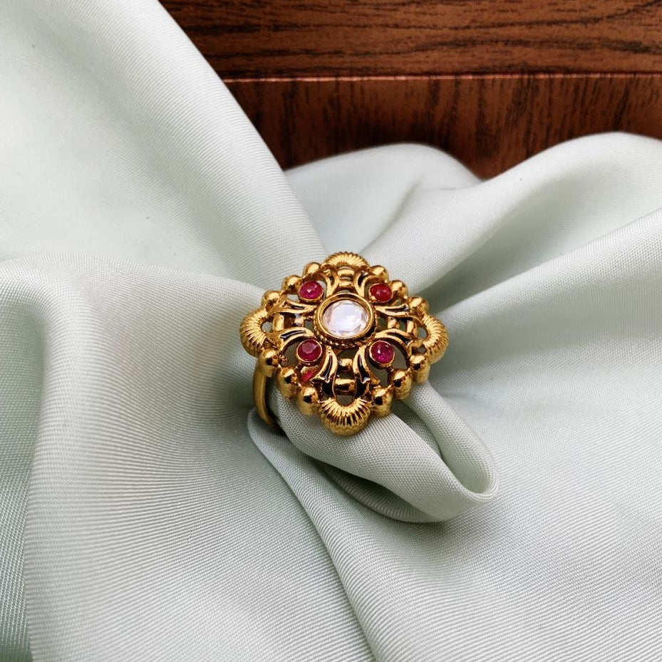 Indian Gold Ring set with Rubies & a Diamond - Michael Backman Ltd